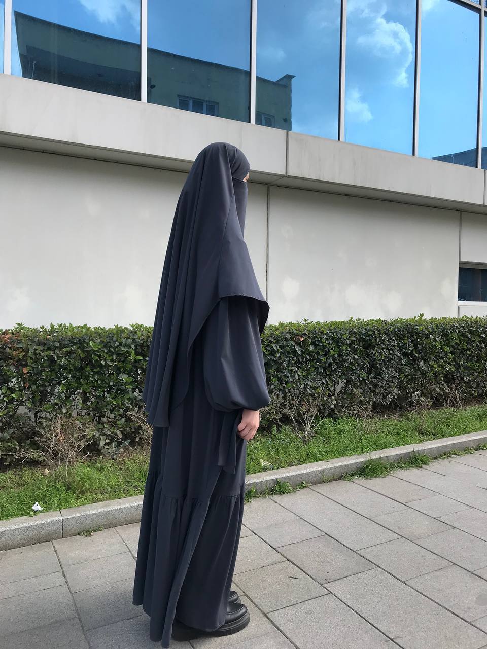 Koyu Gri Robalı Elbise Sufle Takım
