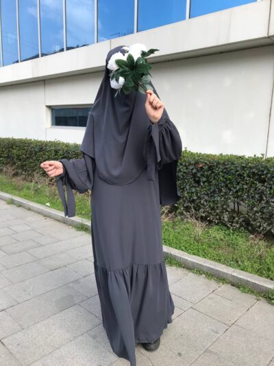Koyu Gri Robalı Elbise Sufle Takım